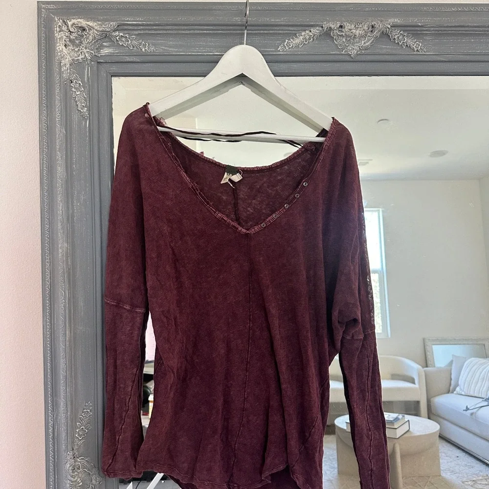 Free People We The Free Santa Cruz Henley Long Sleeve Oversized Tee Shirt Boho M